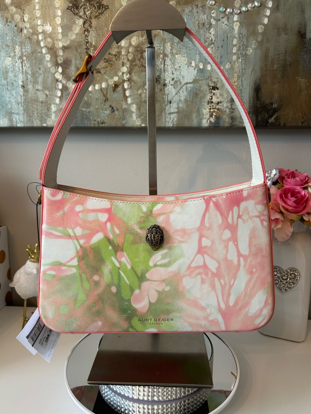 Kurt Geiger Pink & Green Floral Shoulder Bag with Iconic Eagle Head Emblem.
